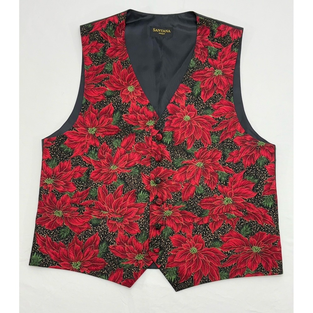 VTG Santana Red/Green Christmas Poinsettia Festive Adjustable Vest Sz M EUC
